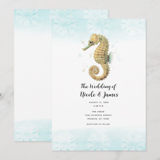 Zeepaardje Blauwgroen & Gouden Waterverf Bruiloft Kaart (Voorkant / Achterkant)