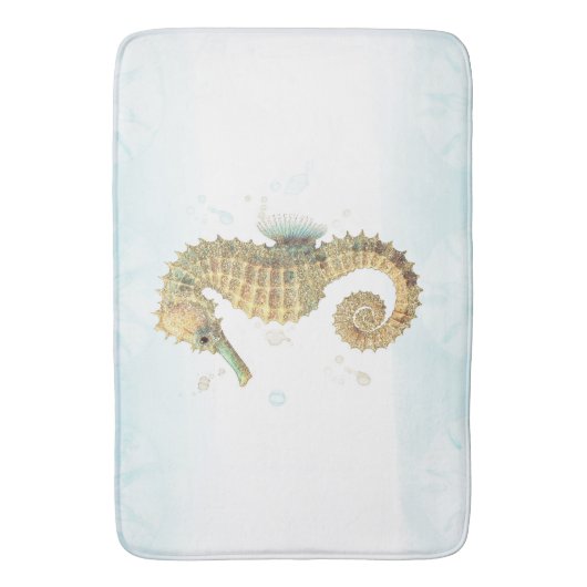 Zeepaardje Blauwgroen & Gouden Waterverf Kuststran Badmat (Voorkant Verticaal)