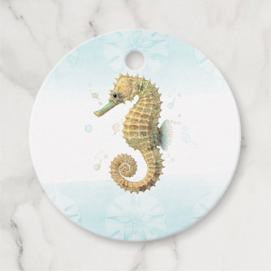 Zeepaardje Blauwgroen & Gouden Waterverf Kuststran Bedankjes Labels (Voorkant)