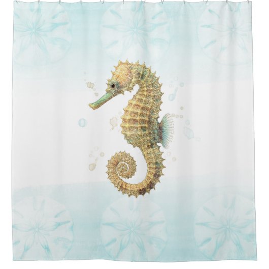 Zeepaardje Blauwgroen & Gouden Waterverf Kuststran Douchegordijn (Voorkant)