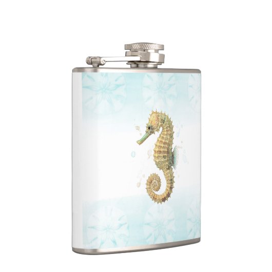 Zeepaardje Blauwgroen & Gouden Waterverf Kuststran Heupfles (Rechts)