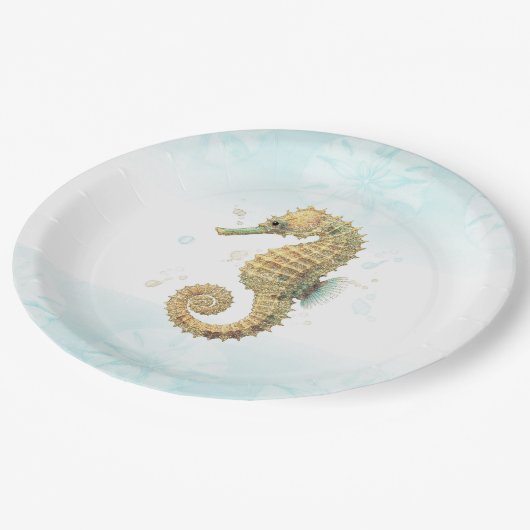 Zeepaardje Blauwgroen & Gouden Waterverf Kuststran Papieren Bordje (Gekanteld)