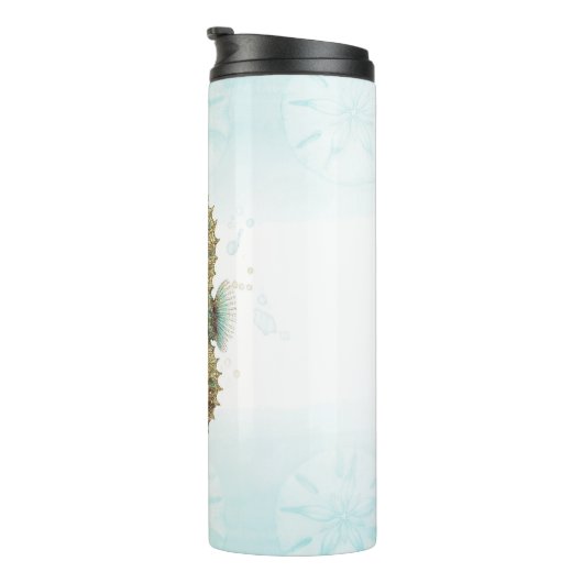 Zeepaardje Blauwgroen & Gouden Waterverf Kuststran Thermosbeker (Geroteerd rechts)