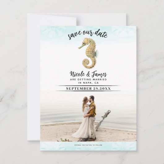 Zeepaardje Blauwgroen & Gouden Waterverf Save the  Kaart (Voorkant)