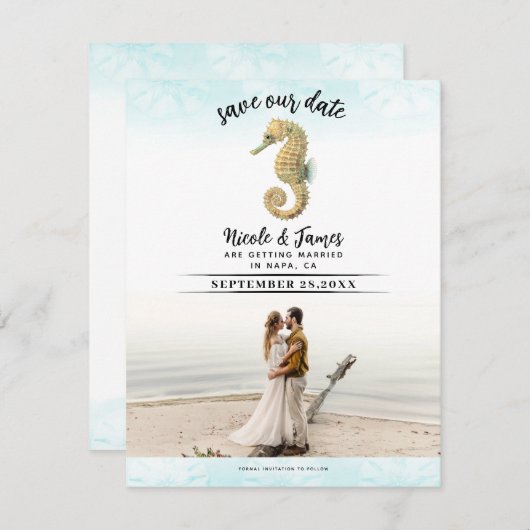 Zeepaardje Blauwgroen & Gouden Waterverf Save the Kaart (Voorkant / Achterkant)