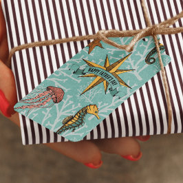 Zeepaardje Blauwgroen Oceaan Dier Nautische Ster Cadeaulabel