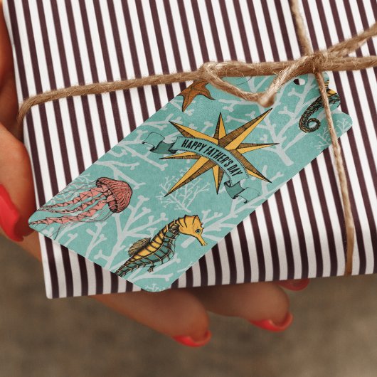 Zeepaardje Blauwgroen Oceaan Dier Nautische Ster Cadeaulabel