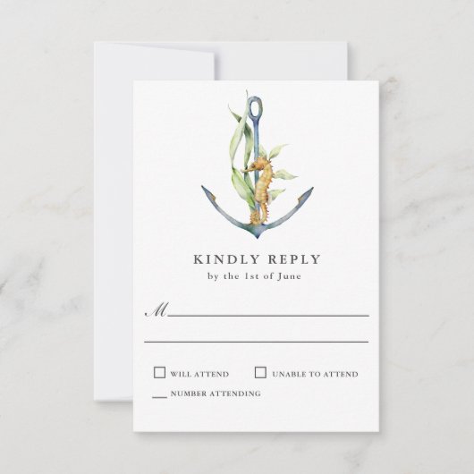 Zeepaardje en anker nautische bruiloft RSVP (Voorkant)