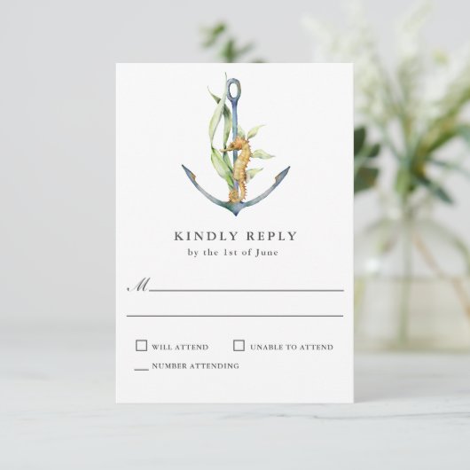 Zeepaardje en anker nautische bruiloft RSVP (Staand voorkant)