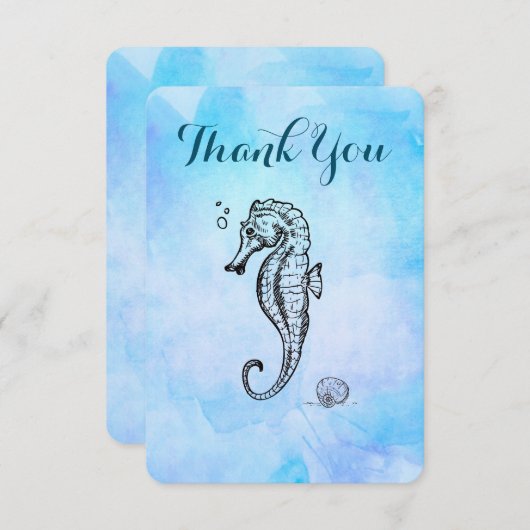 Zeepaardje en Seashell op Blue Waterverf Dank je w Bedankkaart (Voorkant / Achterkant)