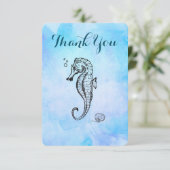 Zeepaardje en Seashell op Blue Waterverf Dank je w Bedankkaart (Staand voorkant)