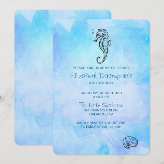 Zeepaardje en Seashell op Blue Waterverf Verjaarda Kaart (Voorkant / Achterkant)