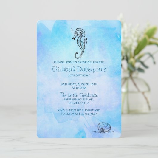 Zeepaardje en Seashell op Blue Waterverf Verjaarda Kaart (Staand voorkant)