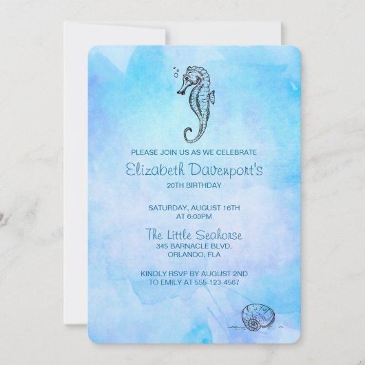 Zeepaardje en Seashell op Blue Waterverf Verjaarda Kaart (Voorkant)