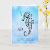Zeepaardje en Seashell op Blue Waterverf Verjaarda Kaart (Gele Bloem)