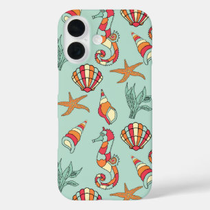 Zeepaardje en Seashell Patroon iPhone 16 Hoesje