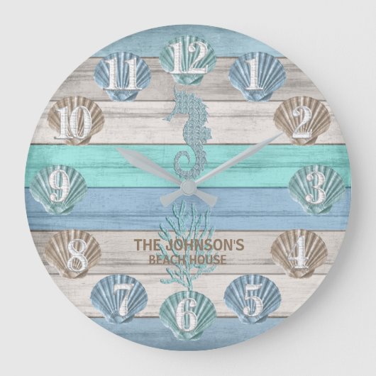 Zeepaardje en strandhout nautisch - Blauw turquois Grote Klok (Voorkant)