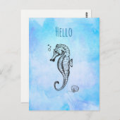Zeepaardje en Zeeschelp op Blauwe Waterverf Hallo Briefkaart (Voorkant / Achterkant)