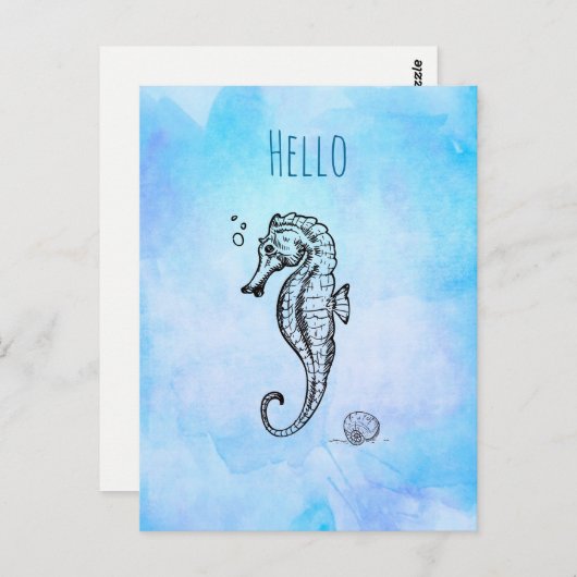 Zeepaardje en Zeeschelp op Blauwe Waterverf Hallo Briefkaart (Voorkant / Achterkant)