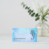 Zeepaardje en Zeeschelp op Blue Waterverf Nautical Visitekaartje (Staand voorkant)