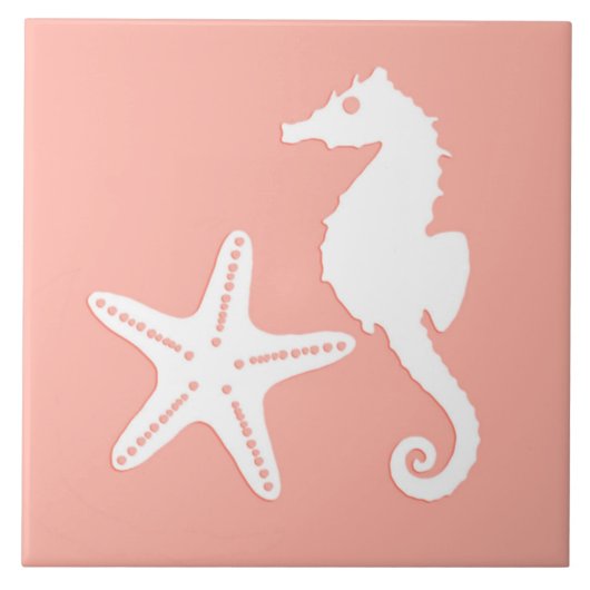 Zeepaardje en zeesterren - Licht koraal Roze Tegeltje (Voorkant)
