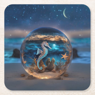 Zeepaardje en zeesterren op het strand Fantasy Kartonnen Onderzetters