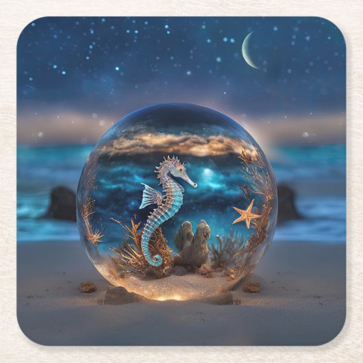 Zeepaardje en zeesterren op het strand Fantasy Kartonnen Onderzetters (Voorkant)