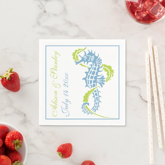 Zeepaardje en zeewier blauw, limoengroen bruiloft servet (Insitu)