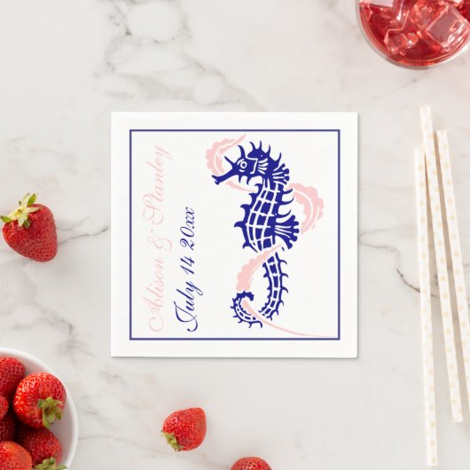 Zeepaardje en zeewier marineblauw, roze bruiloft servetten (Insitu)