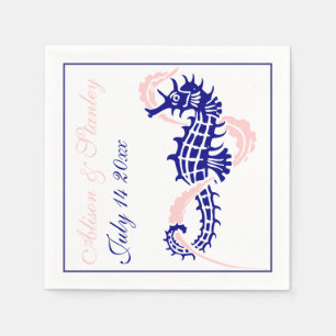Zeepaardje en zeewier marineblauw, roze bruiloft servetten