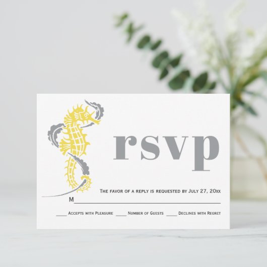 Zeepaardje, grijze zeewier en gele strandbruiloft RSVP kaartje (Staand voorkant)