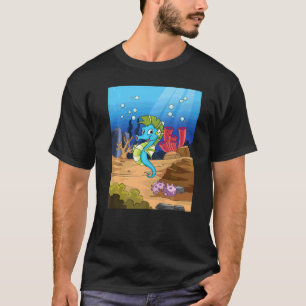 Zeepaardje in een onderwaterscène met rotvorming t-shirt