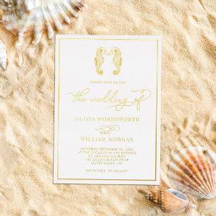 Zeepaardje Kuststrand Elegant Script Bruiloft Folie Uitnodiging
