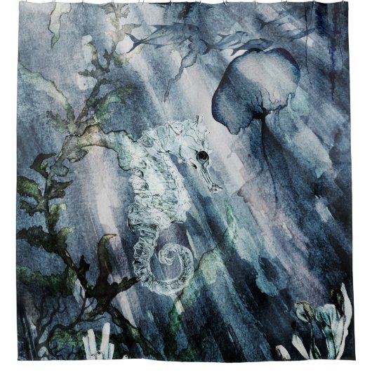 Zeepaardje met Kwallen in het blauw zee Douchegordijn (Voorkant)