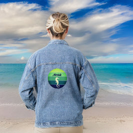 Zeepaardje met Lime Green Emerald Navy Zon en Naam Denim Jacket