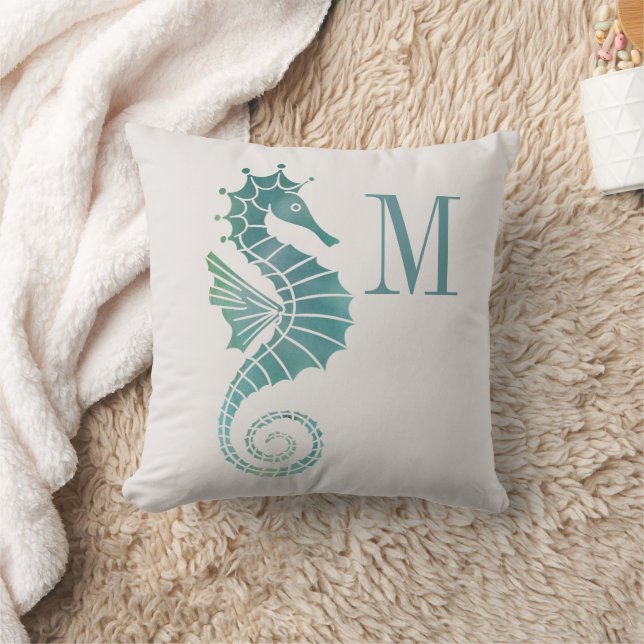 Zeepaardje Monogram Teal Crème Oceaan Monogram Kussen (Deken)