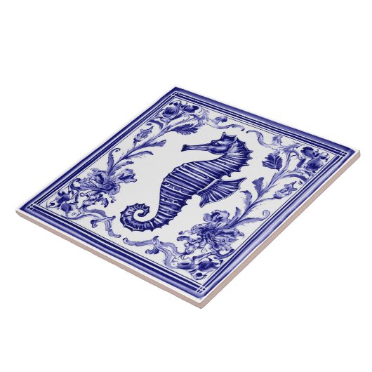 Zeepaardje Navy Blauw en Wit Zee Ocean Beach House Tegeltje (Zijkant)
