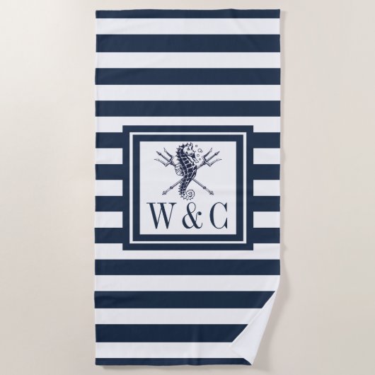 Zeepaardje Navy Blauwe Streep Nautilus Monogram St Strandlaken (Voorkant)
