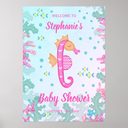 Zeepaardje onder het Zee Blauw Baby shower Poster (Voorkant)