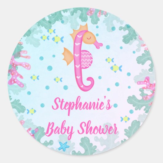 Zeepaardje onder het Zee Blauw Baby shower Ronde Sticker (Voorkant)