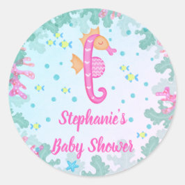Zeepaardje onder het Zee Blauw Baby shower Ronde Sticker
