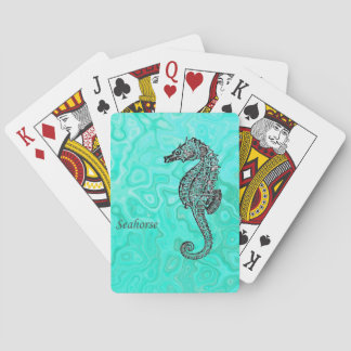 Zeepaardje op Aqua Splash Turquoise Marmeren Patro Pokerkaarten