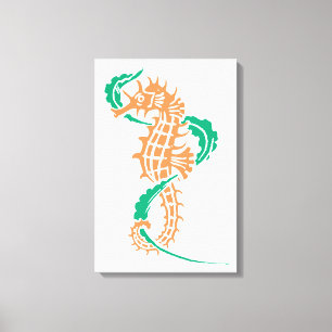 Zeepaardje oranje, smaragdgroen en zeewier canvas afdruk