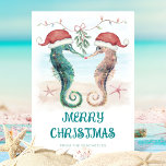 Zeepaardje Santa Mistletoe Kiss Kust Kerstmis Feestdagenkaart<br><div class="desc">Deel wat liefde met deze kustkerstkaart met waterverf zeepaardjes in kerstmutsen die kussen onder de maretak op een tropisch strand. Kunst van KL Stock.</div>