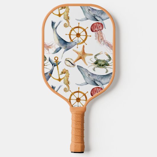 Zeepaardje, scheepswiel, dolfijn, krab, zeeduivel pickleball paddle (Achterkant)