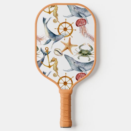 Zeepaardje, scheepswiel, dolfijn, krab, zeeduivel pickleball paddle (Voorkant)
