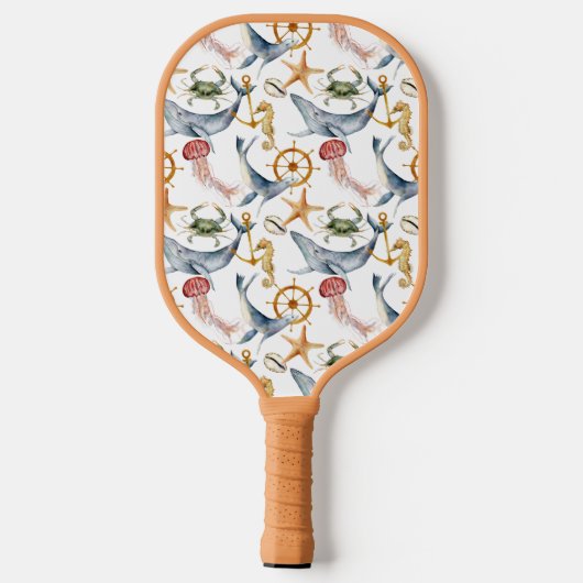 Zeepaardje, Scheepswiel, Dolphin, Crab, Pattern Pickleball Paddle (Achterkant)