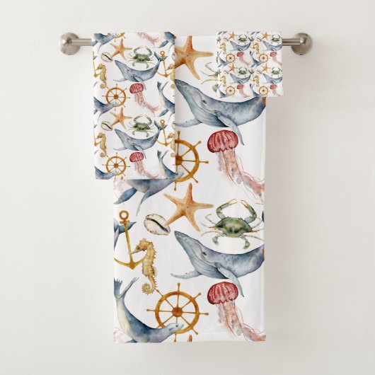 Zeepaardje, Schepen Wiel, Walvissen, Krab, Zeester Bad Handdoek (Insitu)