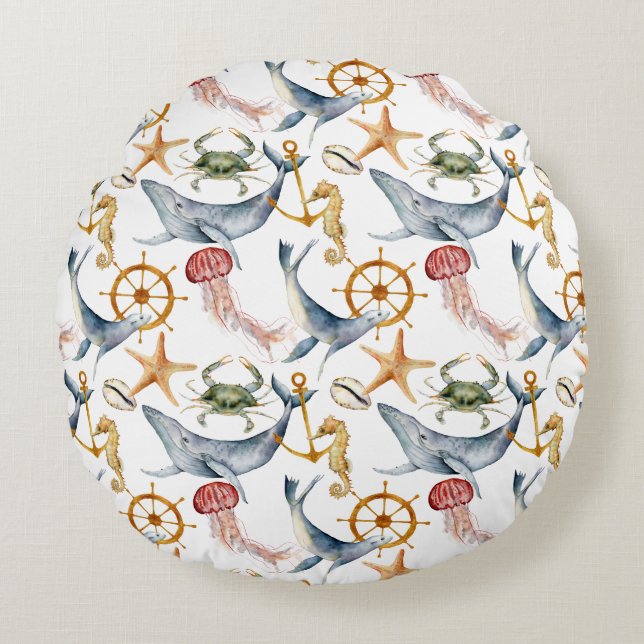 Zeepaardje, Schepen Wiel, Walvissen, Krab, Zeester Rond Kussen (Voorkant)