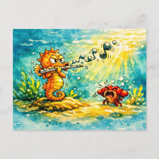 Zeepaardje speelt fluit cartoon briefkaart (Voorkant)
